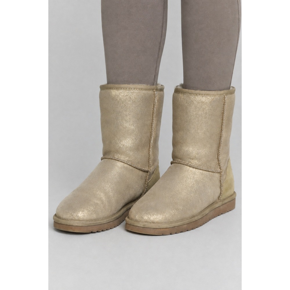 UGG Classic Short Sparkle Boots Women 6 Gold Metallic Shearling Lined Designer
